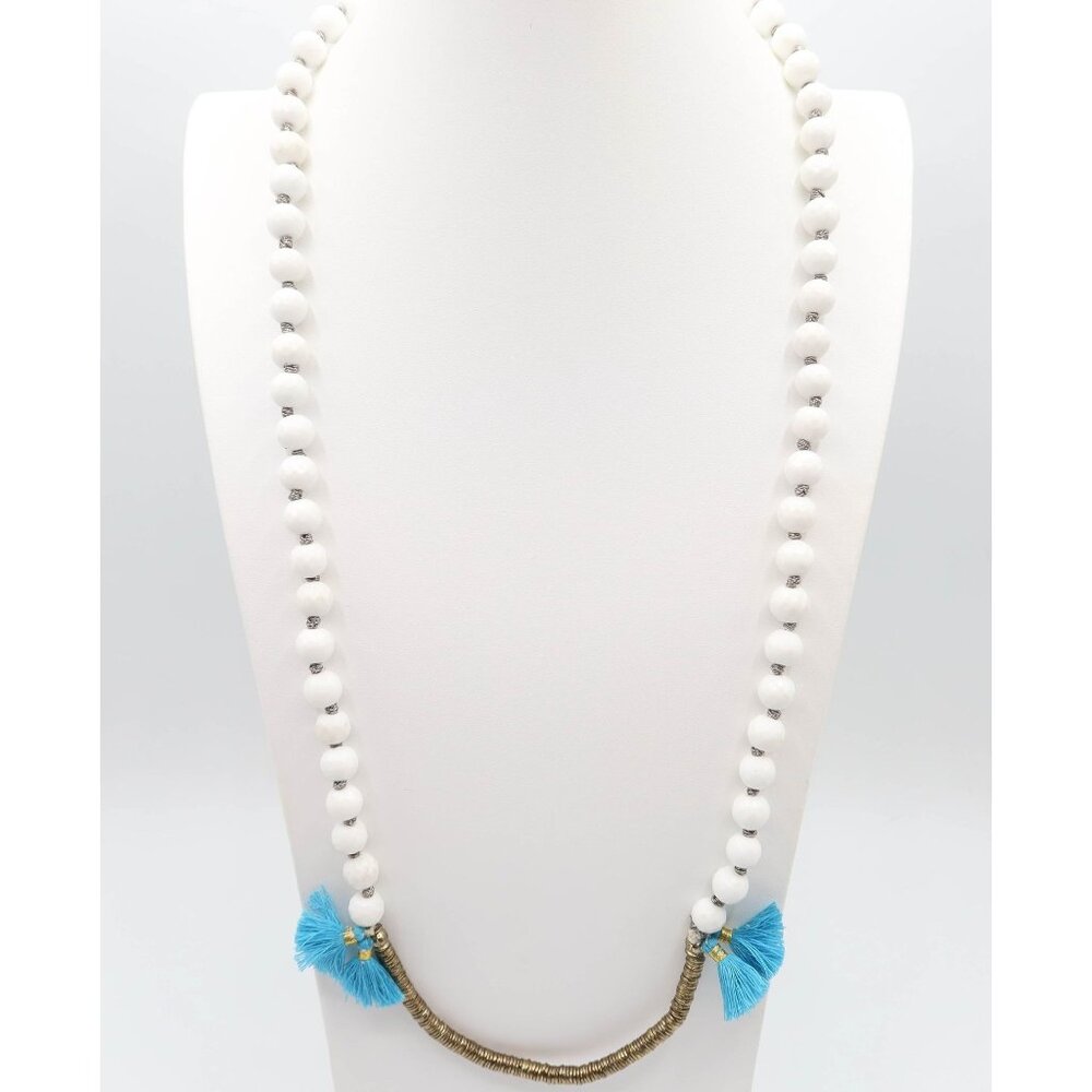 NOONDAY White Milk Glass Beaded Teal Tassel Gold Tone Rondelle Necklace NWT